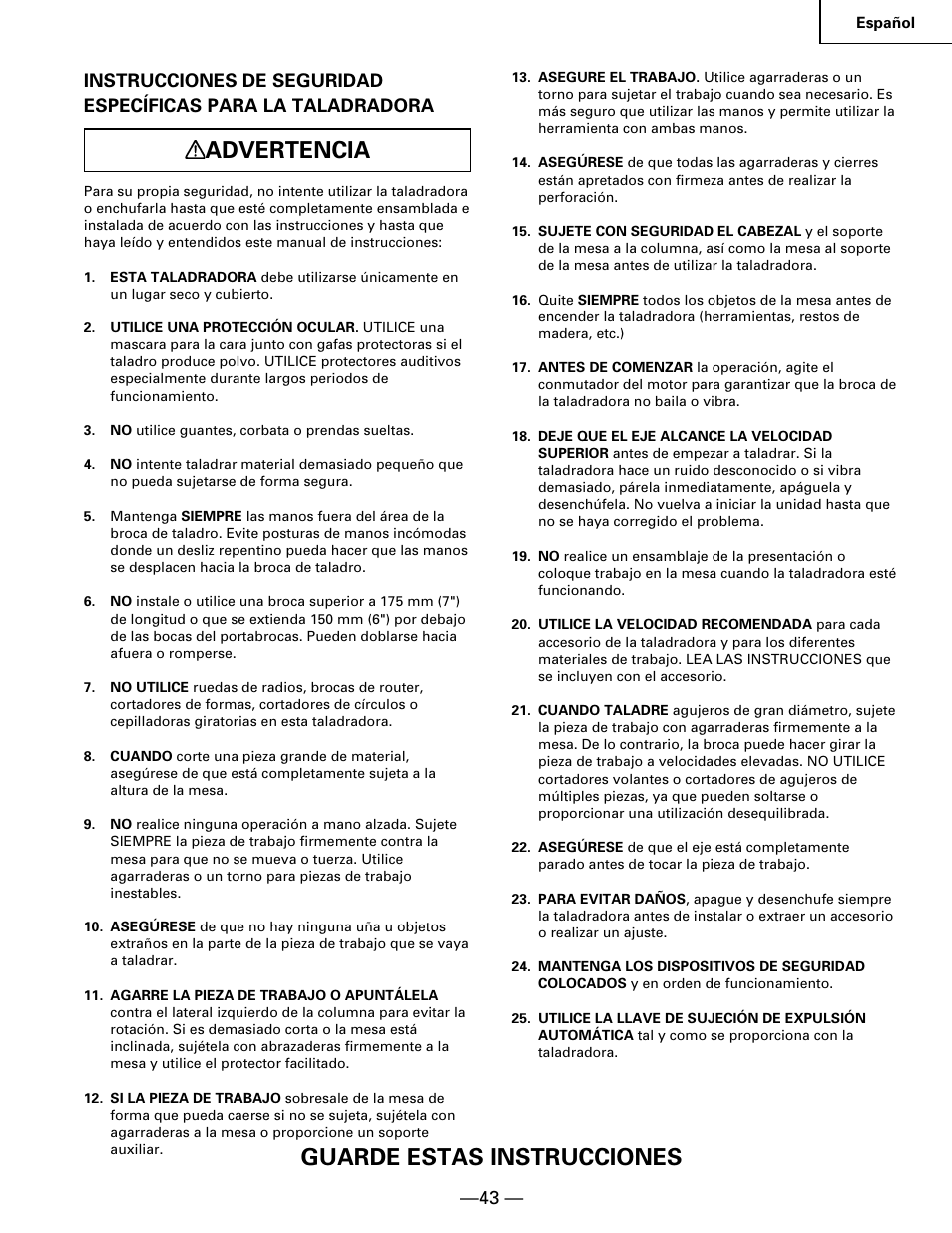 Advertencia, Guarde estas instrucciones | Hitachi B 16RM User Manual | Page 43 / 64