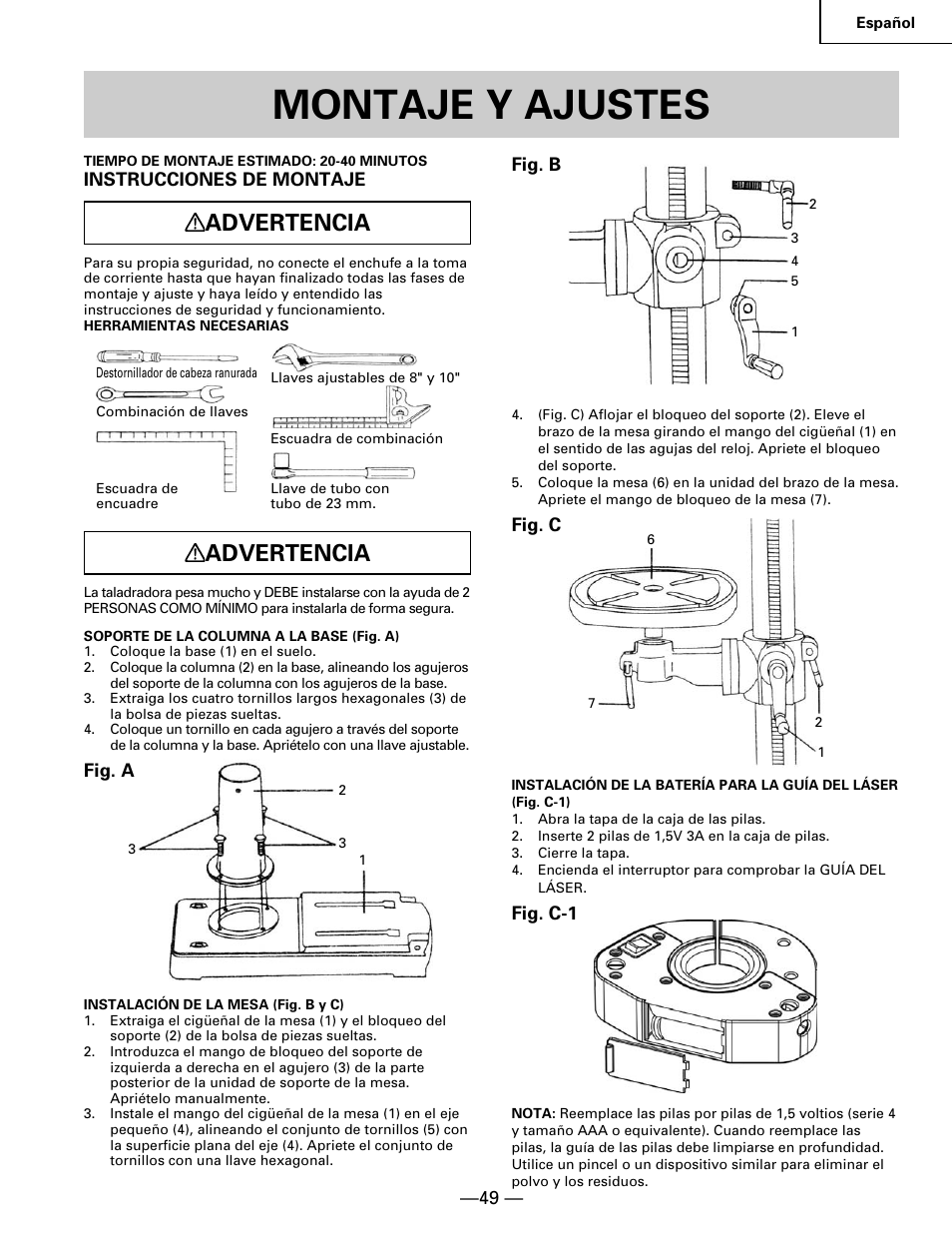 Montaje y ajustes, Advertencia | Hitachi B 16RM User Manual | Page 49 / 64