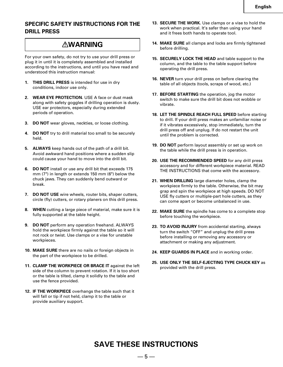 Save these instructions, Warning, Specific safety instructions for the drill press | Hitachi B 16RM User Manual | Page 5 / 64
