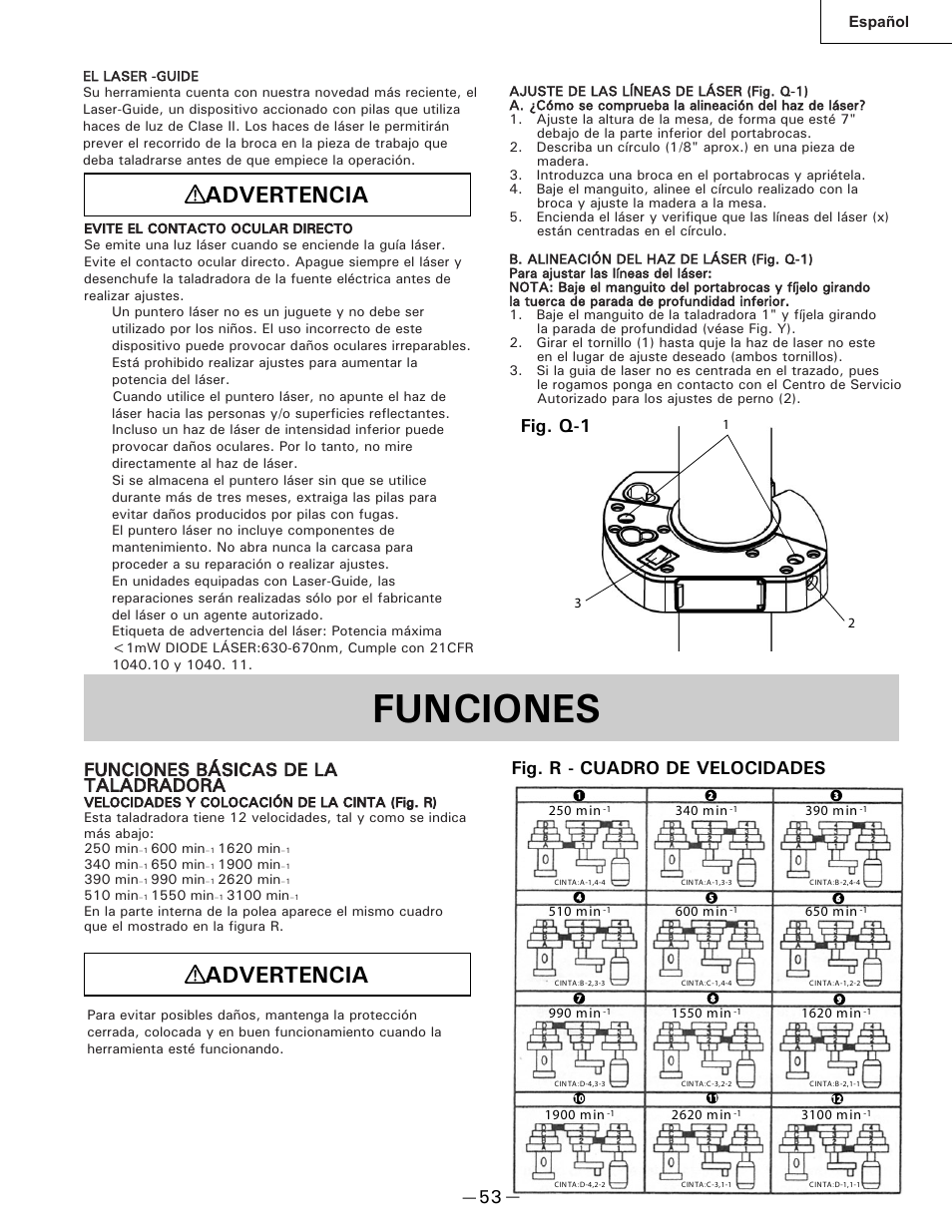 Funciones, Advertencia, Fig. q-1 | Fig. r - cuadro de velocidades, Funciones básicas de la taladradora | Hitachi B 16RM User Manual | Page 53 / 64