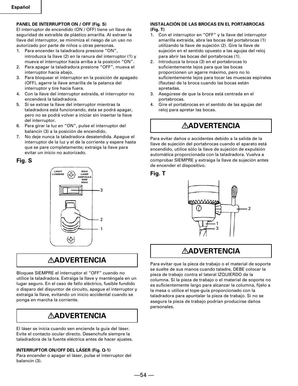 Advertencia, Fig. s, Fig. t | Hitachi B 16RM User Manual | Page 54 / 64