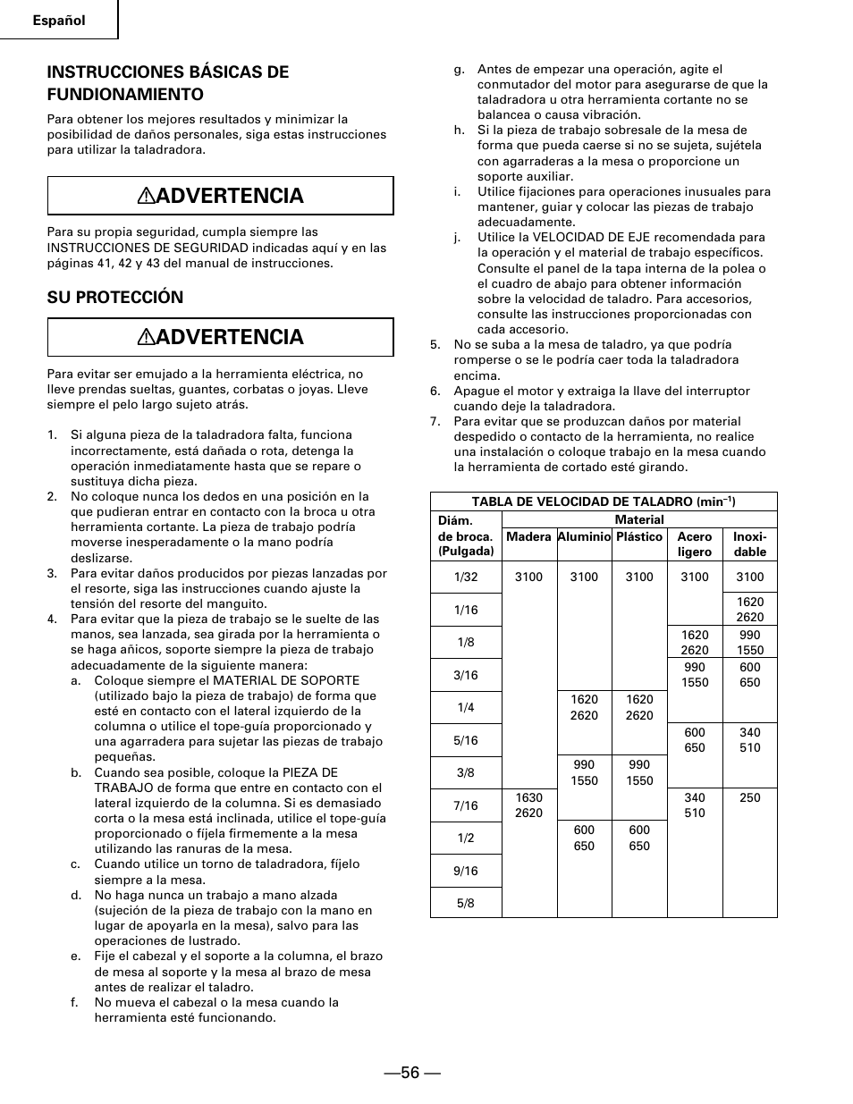 Advertencia, Instrucciones básicas de fundionamiento, Su protección | Hitachi B 16RM User Manual | Page 56 / 64