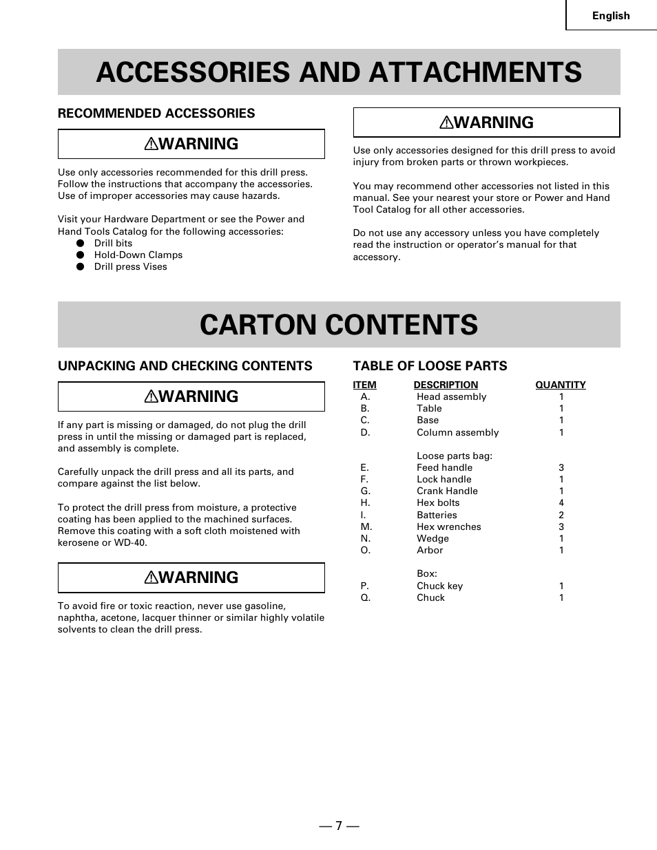 Accessories and attachments, Carton contents, Warning | Hitachi B 16RM User Manual | Page 7 / 64