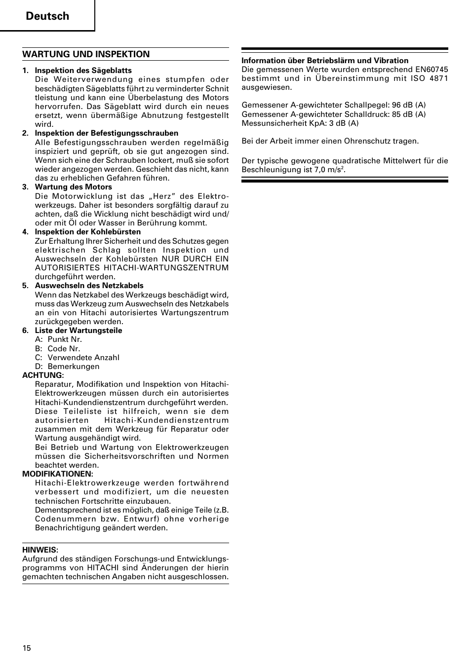Deutsch | Hitachi CJ120V User Manual | Page 16 / 58