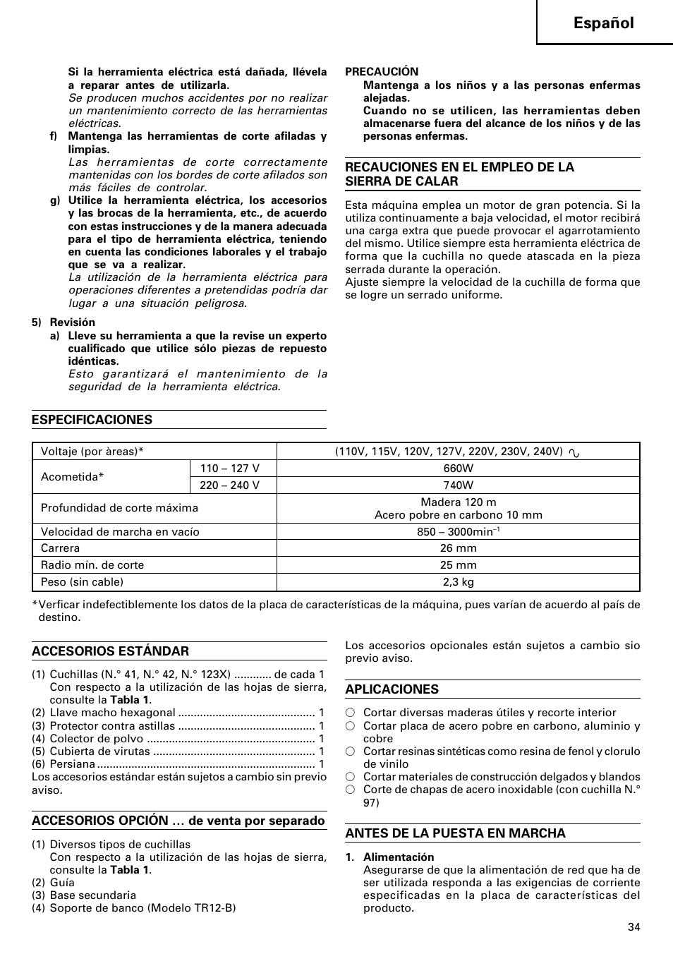 Español | Hitachi CJ120V User Manual | Page 35 / 58