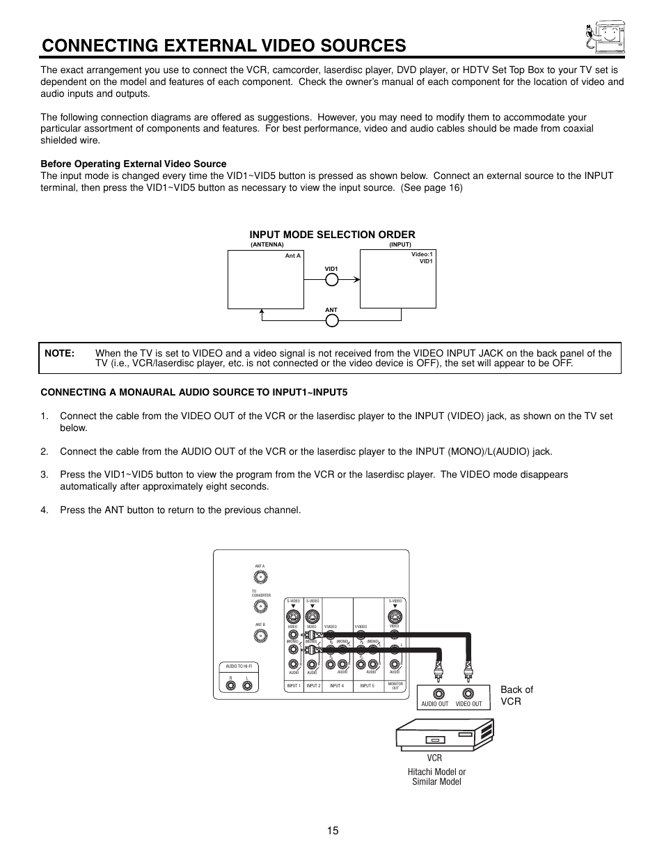 Connecting external video sources, Back of vcr, Hitachi model or similar model | Hitachi 43FDX15B  EN User Manual | Page 15 / 68