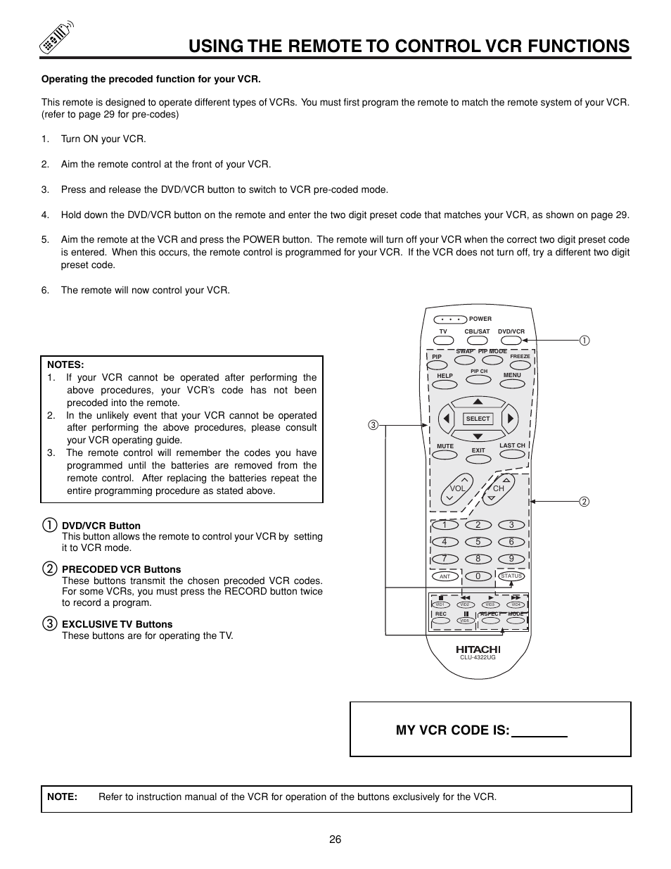 Using the remote to control vcr functions, My vcr code is | Hitachi 43FDX15B  EN User Manual | Page 26 / 68