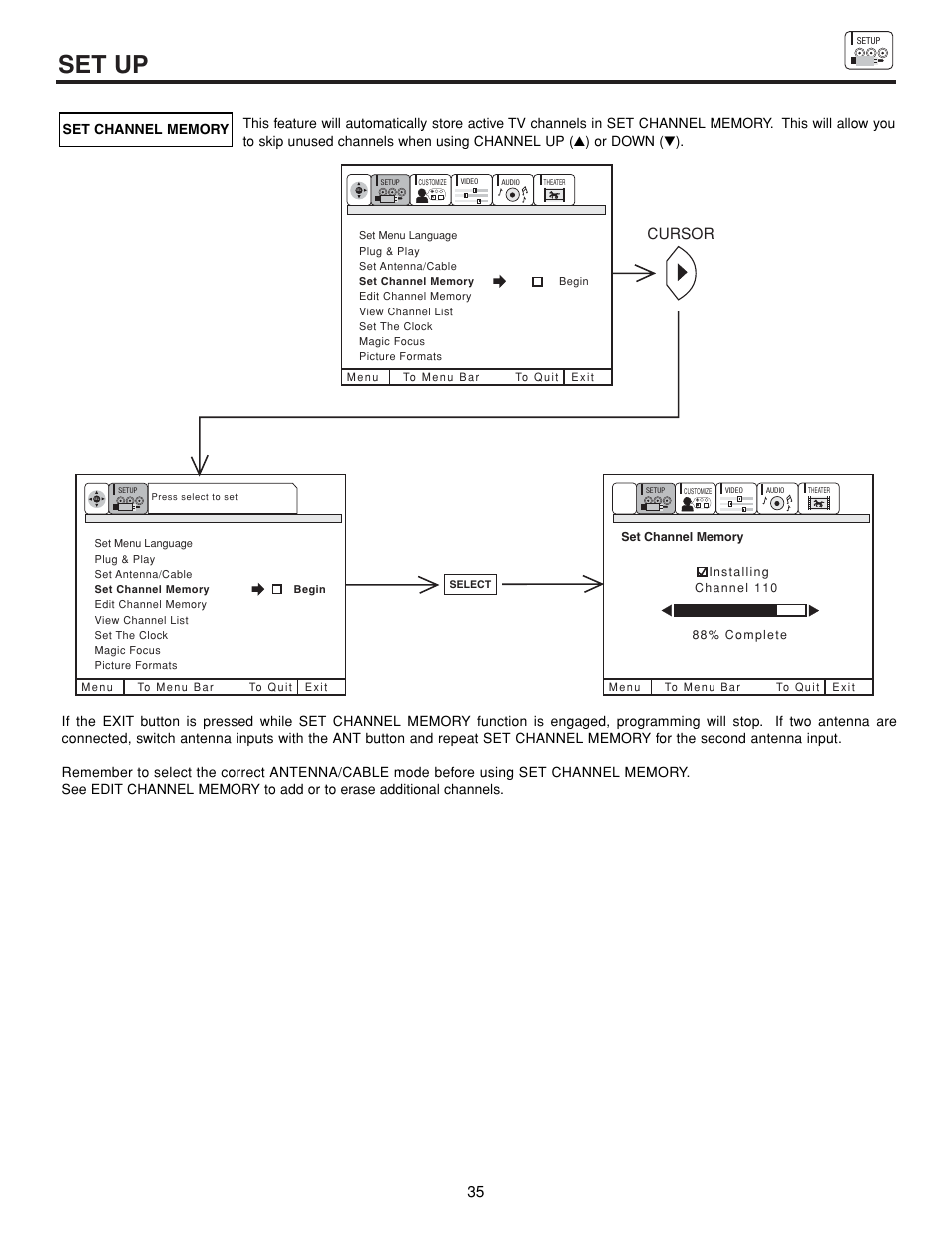 Set up, Cursor | Hitachi 43FDX15B  EN User Manual | Page 35 / 68