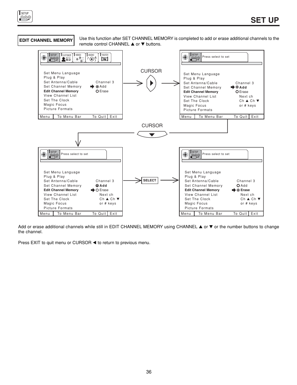 Set up, Cursor | Hitachi 43FDX15B  EN User Manual | Page 36 / 68