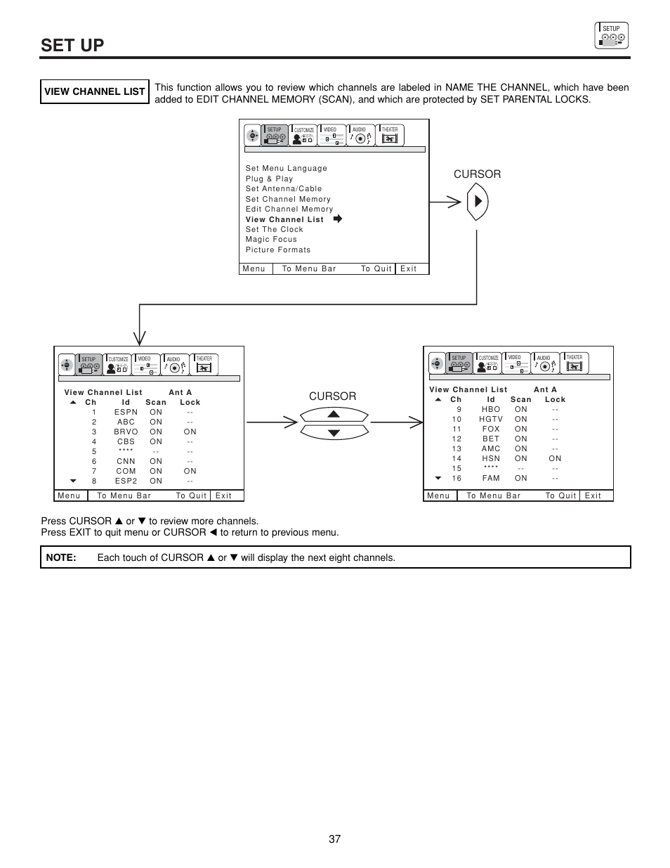 Set up, Cursor | Hitachi 43FDX15B  EN User Manual | Page 37 / 68