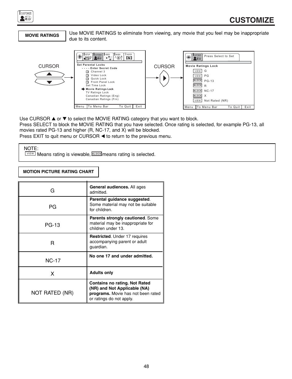 Customize, Gpg pg-13 r nc-17 x not rated (nr), Cursor | Hitachi 43FDX15B  EN User Manual | Page 48 / 68