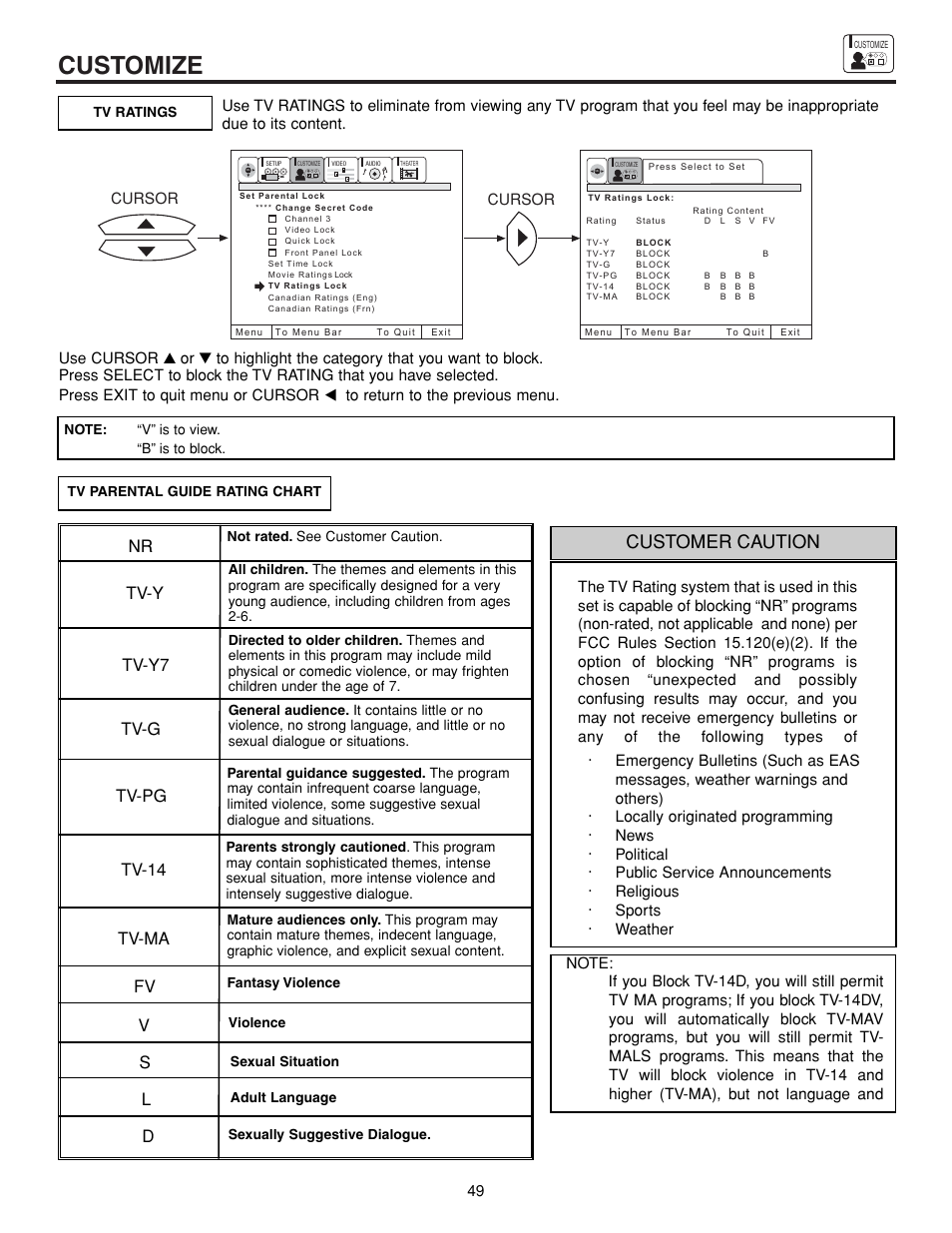 Customize, Customer caution, Nr tv-y tv-y7 tv-g tv-pg tv-14 tv-ma | Hitachi 43FDX15B  EN User Manual | Page 49 / 68