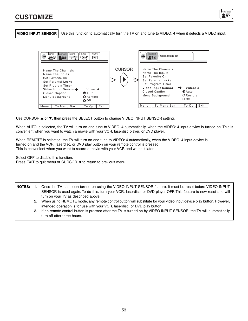 Customize, Cursor | Hitachi 43FDX15B  EN User Manual | Page 53 / 68