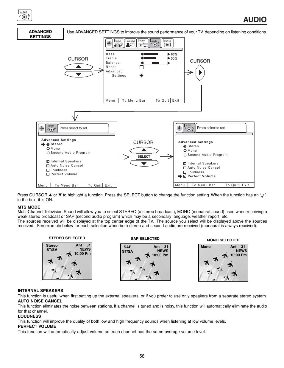 Audio, Cursor | Hitachi 43FDX15B  EN User Manual | Page 58 / 68