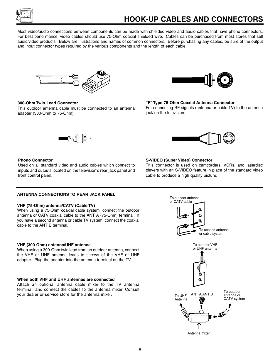 Hook-up cables and connectors | Hitachi 43FDX15B  EN User Manual | Page 6 / 68