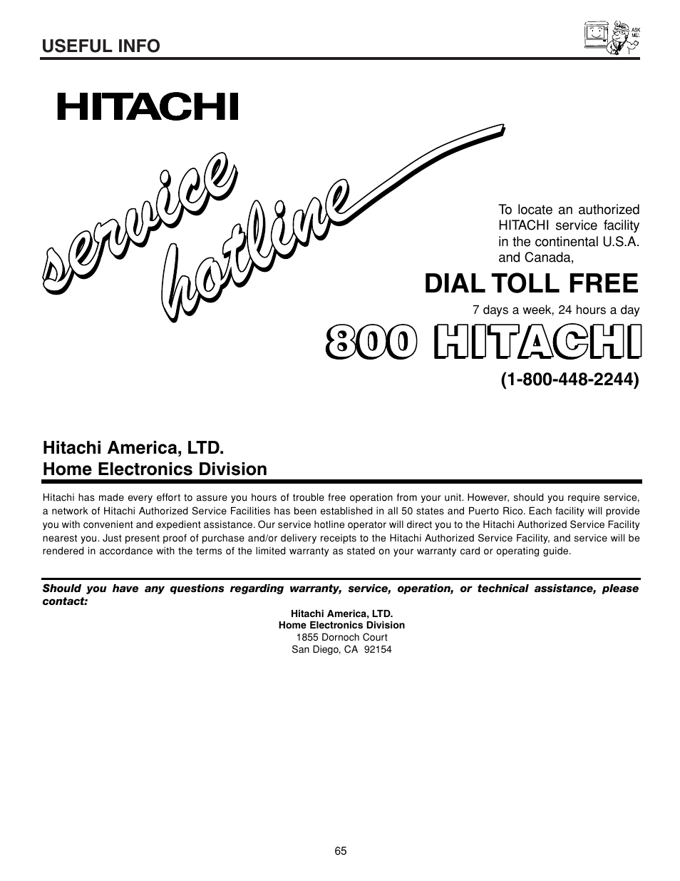 Service ser vic e, 800 hitachi | Hitachi 43FDX15B  EN User Manual | Page 65 / 68