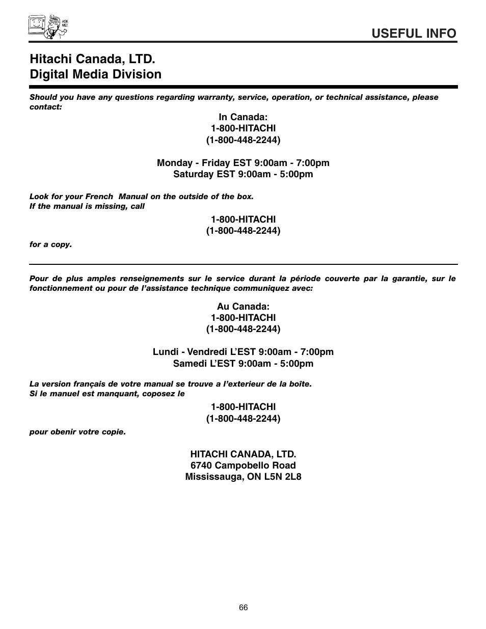 Useful info, Hitachi canada, ltd. digital media division | Hitachi 43FDX15B  EN User Manual | Page 66 / 68