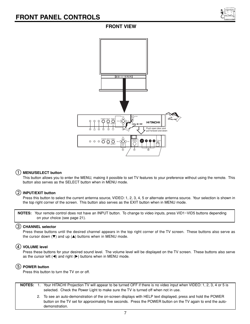 Front panel controls, Front view | Hitachi 43FDX15B  EN User Manual | Page 7 / 68