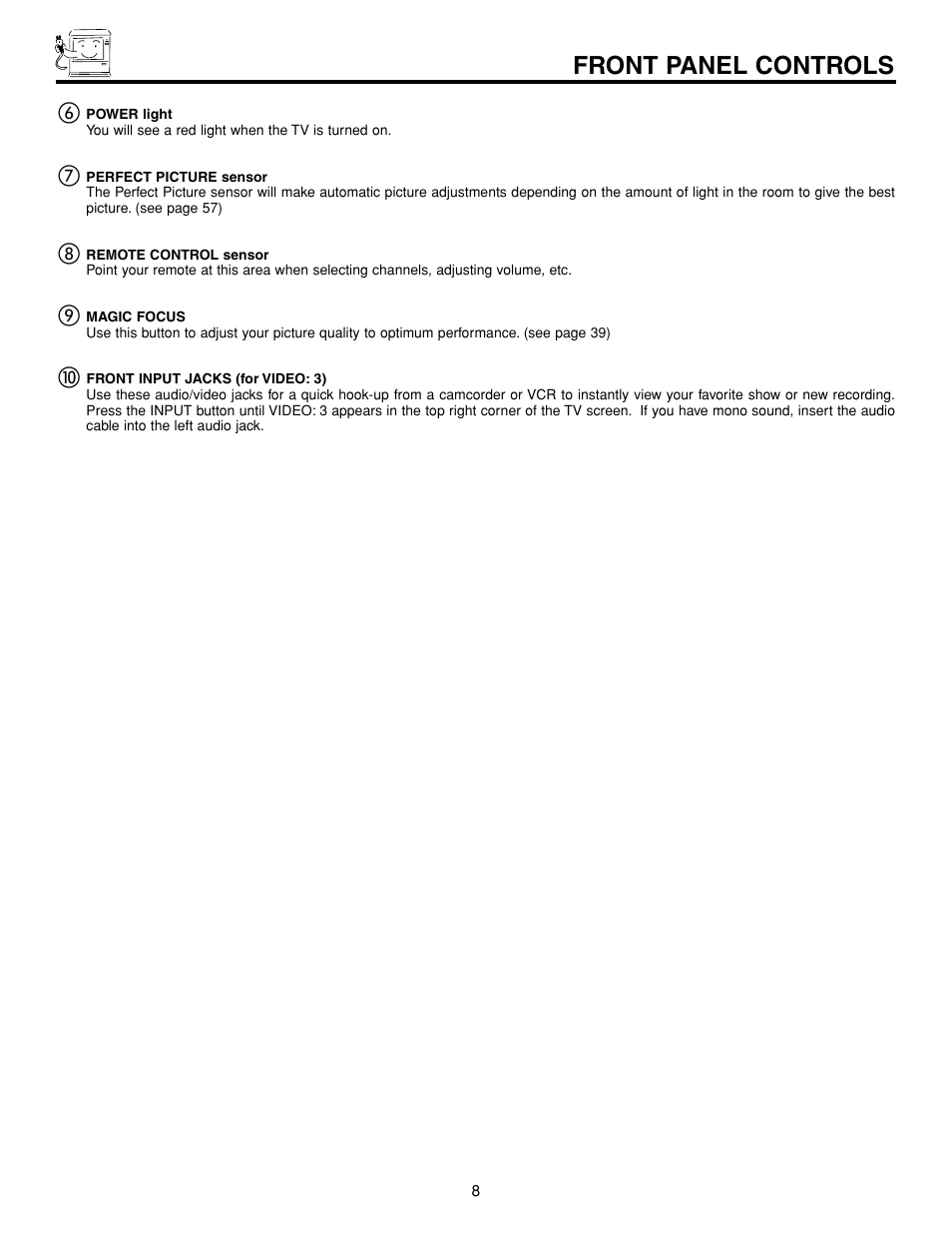 Front panel controls | Hitachi 43FDX15B  EN User Manual | Page 8 / 68