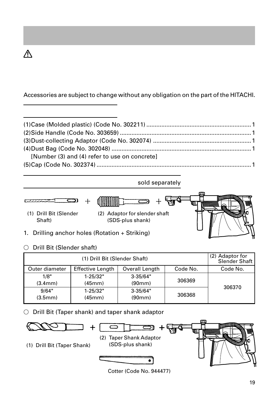 Accessories, Warning, Standard accessories | Optional accessories | Hitachi DH 24PD User Manual | Page 19 / 28