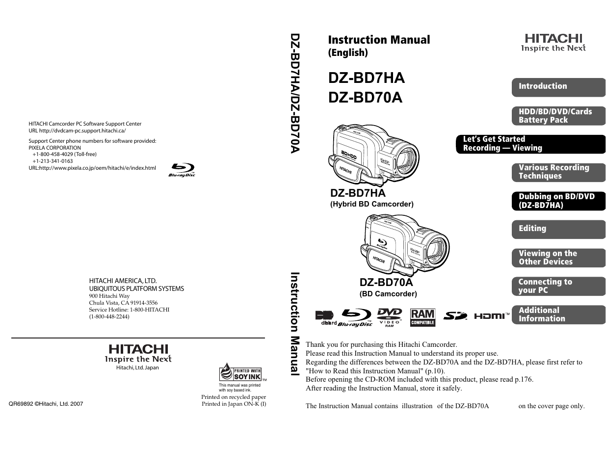 Hitachi DZ-BD70A User Manual | 183 pages