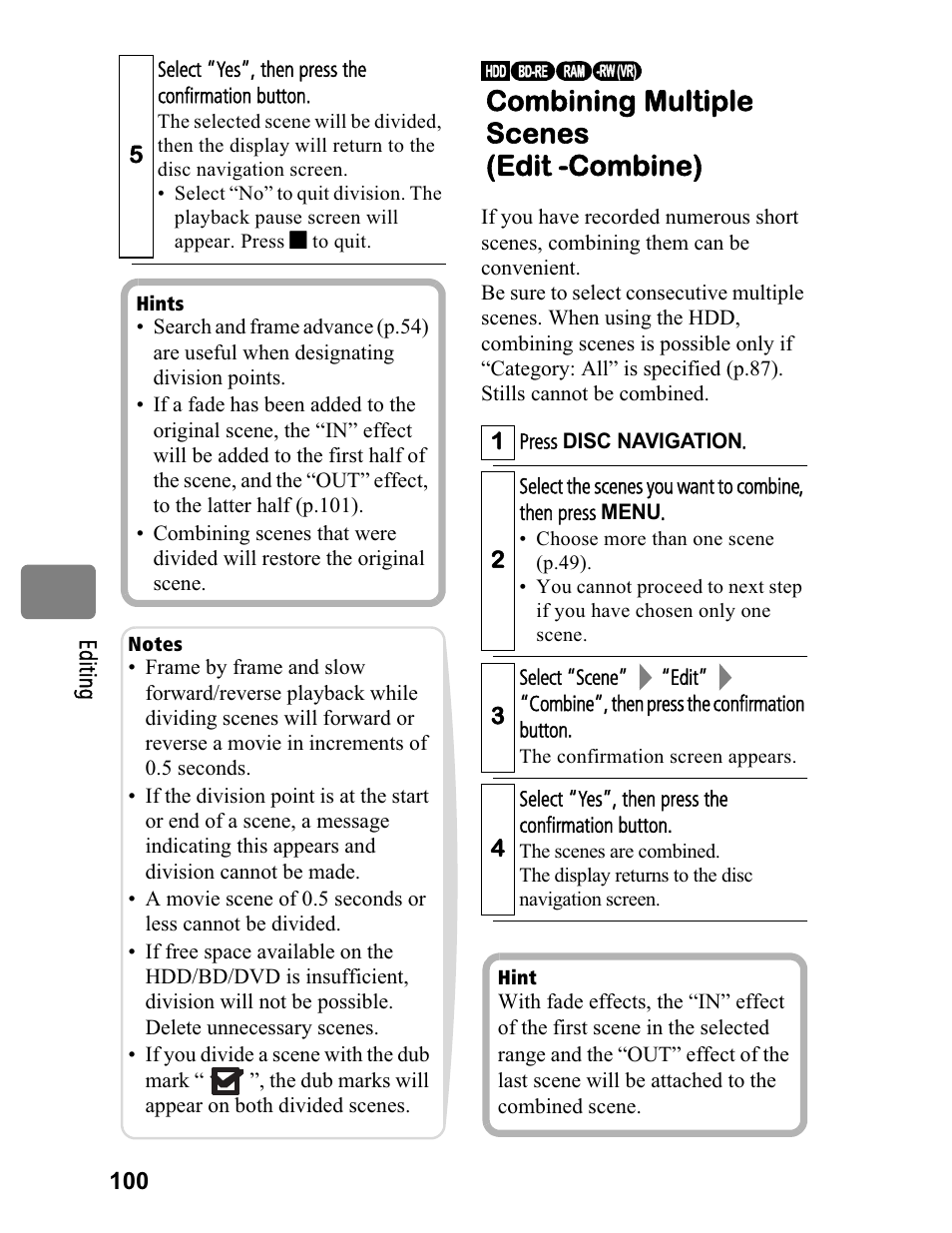Combining multiple scenes (edit -combine) | Hitachi DZ-BD70A User Manual | Page 100 / 183