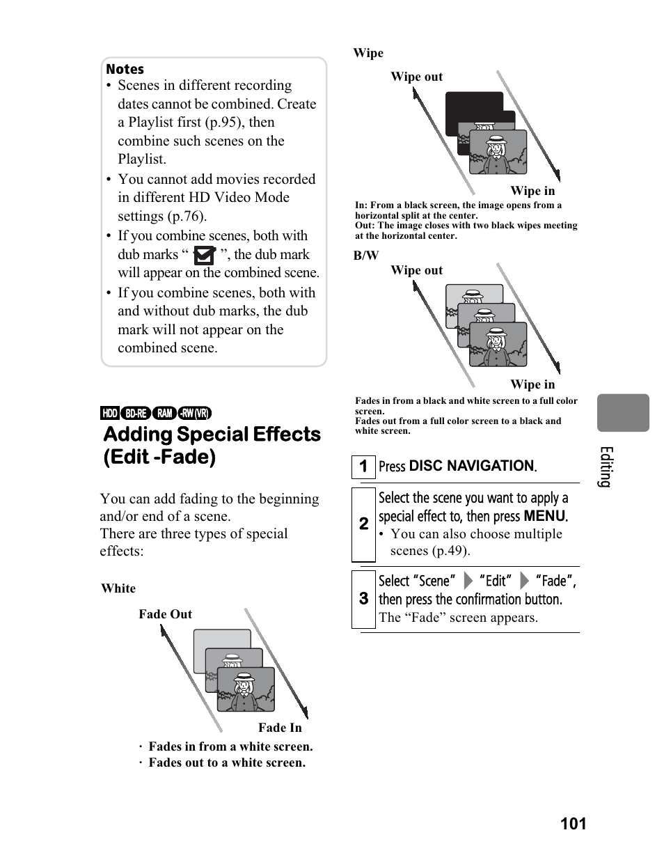 Adding special effects (edit -fade) | Hitachi DZ-BD70A User Manual | Page 101 / 183