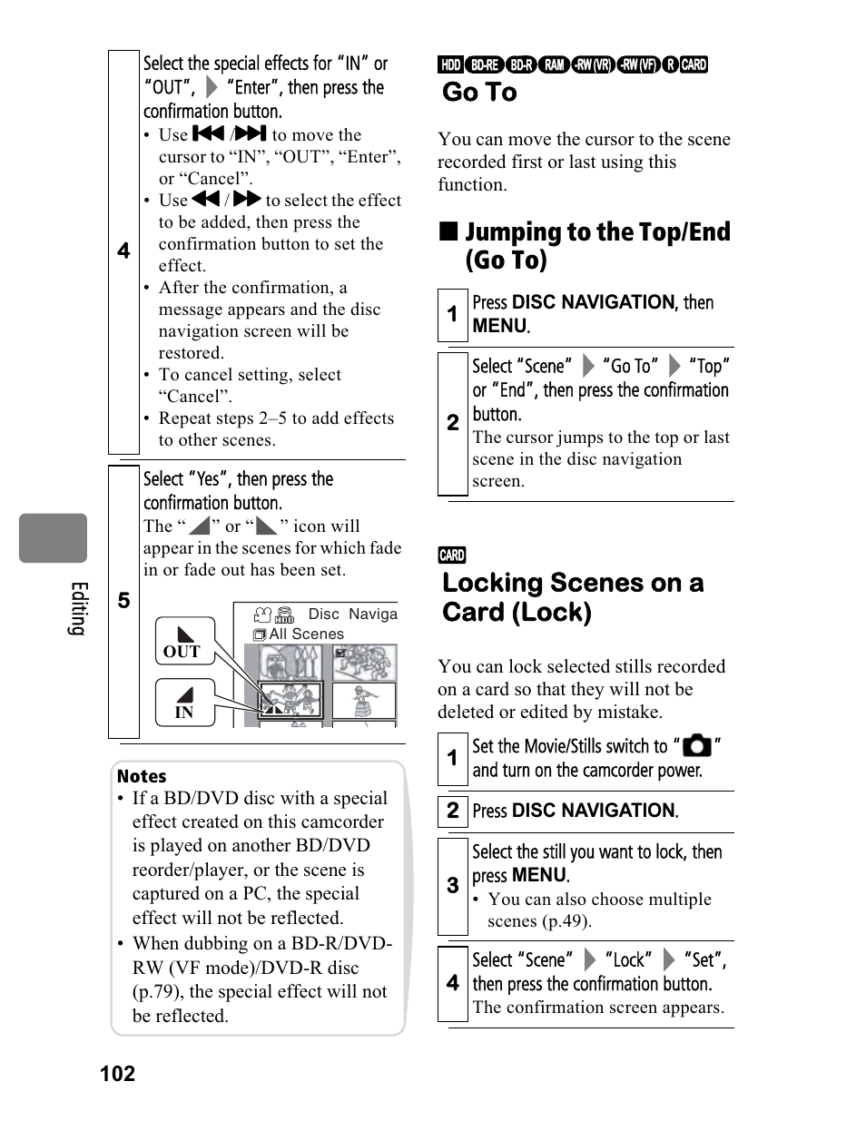 Jumping to the top/end (go to), Go to, Locking scenes on a card (lock) | Hitachi DZ-BD70A User Manual | Page 102 / 183