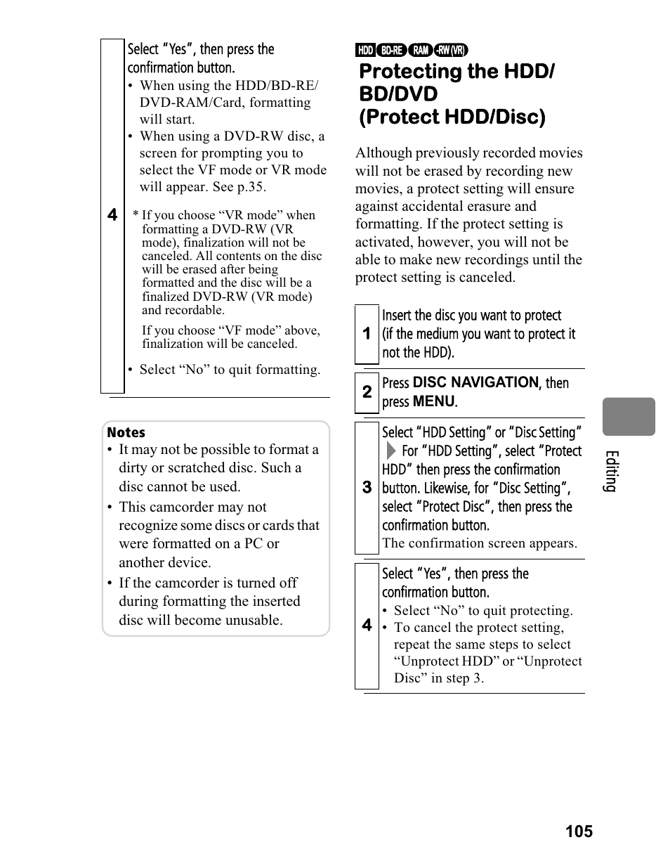 Protecting the hdd/ bd/dvd (protect hdd/disc) | Hitachi DZ-BD70A User Manual | Page 105 / 183