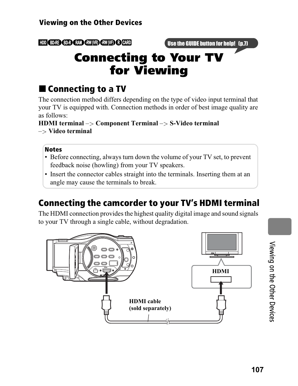 Connecting to your tv for viewing, Connecting to a tv | Hitachi DZ-BD70A User Manual | Page 107 / 183