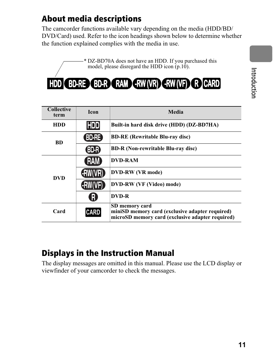 Hdd bd-r ram -rw (vr) r -rw (vf) bd-re card, About media descriptions, Displays in the instruction manual | Hitachi DZ-BD70A User Manual | Page 11 / 183