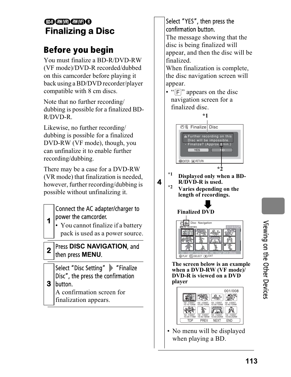 Before you begin, Finalizing a disc, Press disc navigation , and then press menu | No menu will be displayed when playing a bd | Hitachi DZ-BD70A User Manual | Page 113 / 183