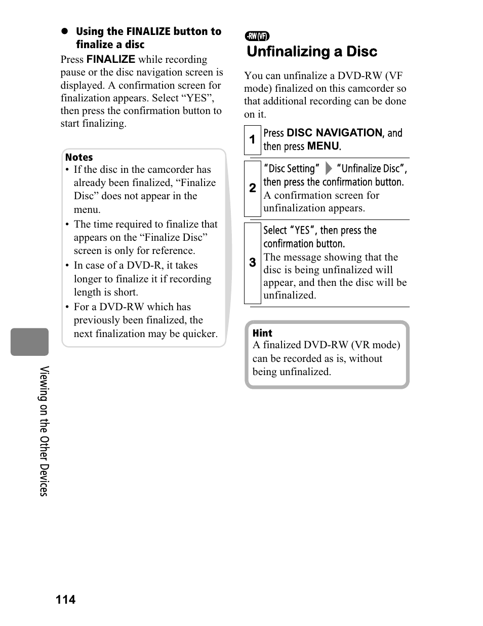 Unfinalizing a disc | Hitachi DZ-BD70A User Manual | Page 114 / 183