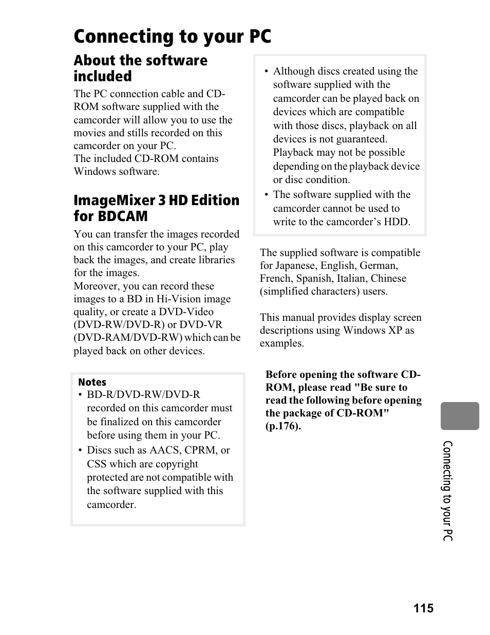 Connecting to your pc, About the software included, Imagemixer 3 hd edition for bdcam | Hitachi DZ-BD70A User Manual | Page 115 / 183