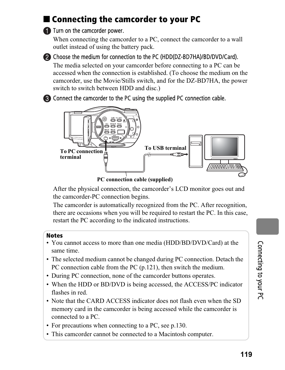 Connecting the camcorder to your pc | Hitachi DZ-BD70A User Manual | Page 119 / 183