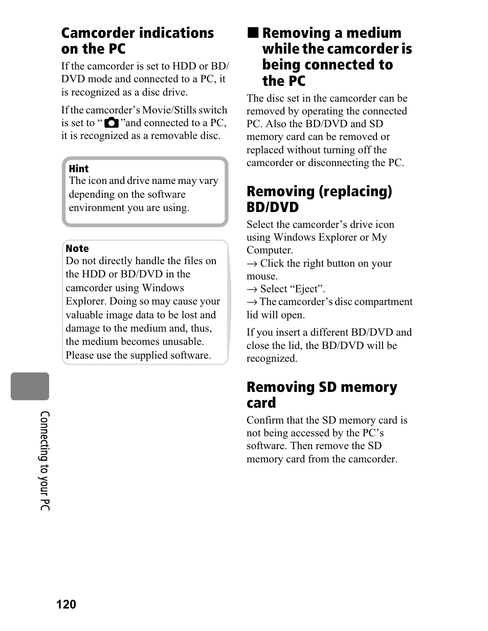 Camcorder indications on the pc, Removing (replacing) bd/dvd | Hitachi DZ-BD70A User Manual | Page 120 / 183