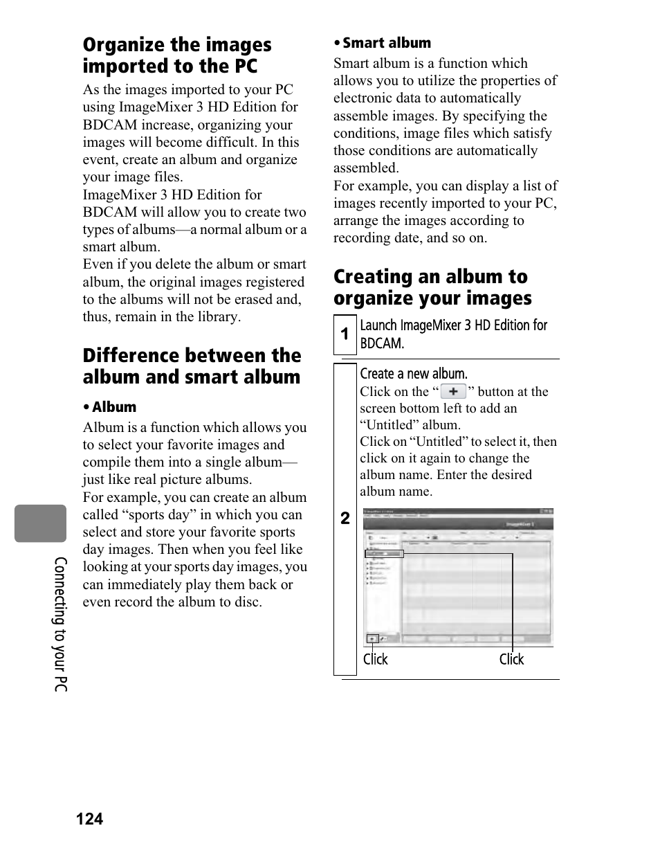 Organize the images imported to the pc, Difference between the album and smart album, Creating an album to organize your images | Hitachi DZ-BD70A User Manual | Page 124 / 183