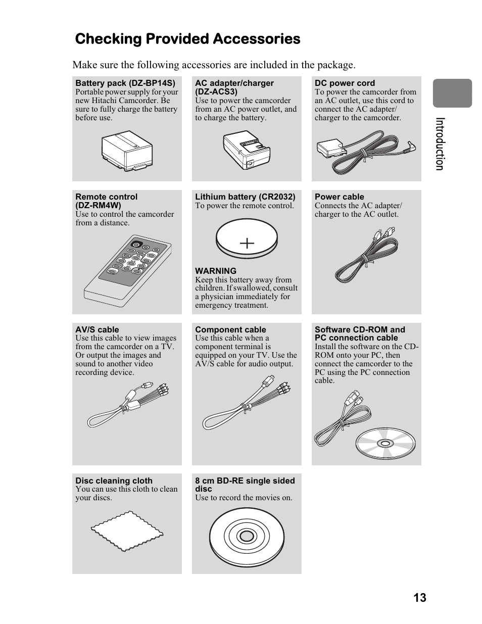 Checking provided accessories, 13 in tro du cti on | Hitachi DZ-BD70A User Manual | Page 13 / 183