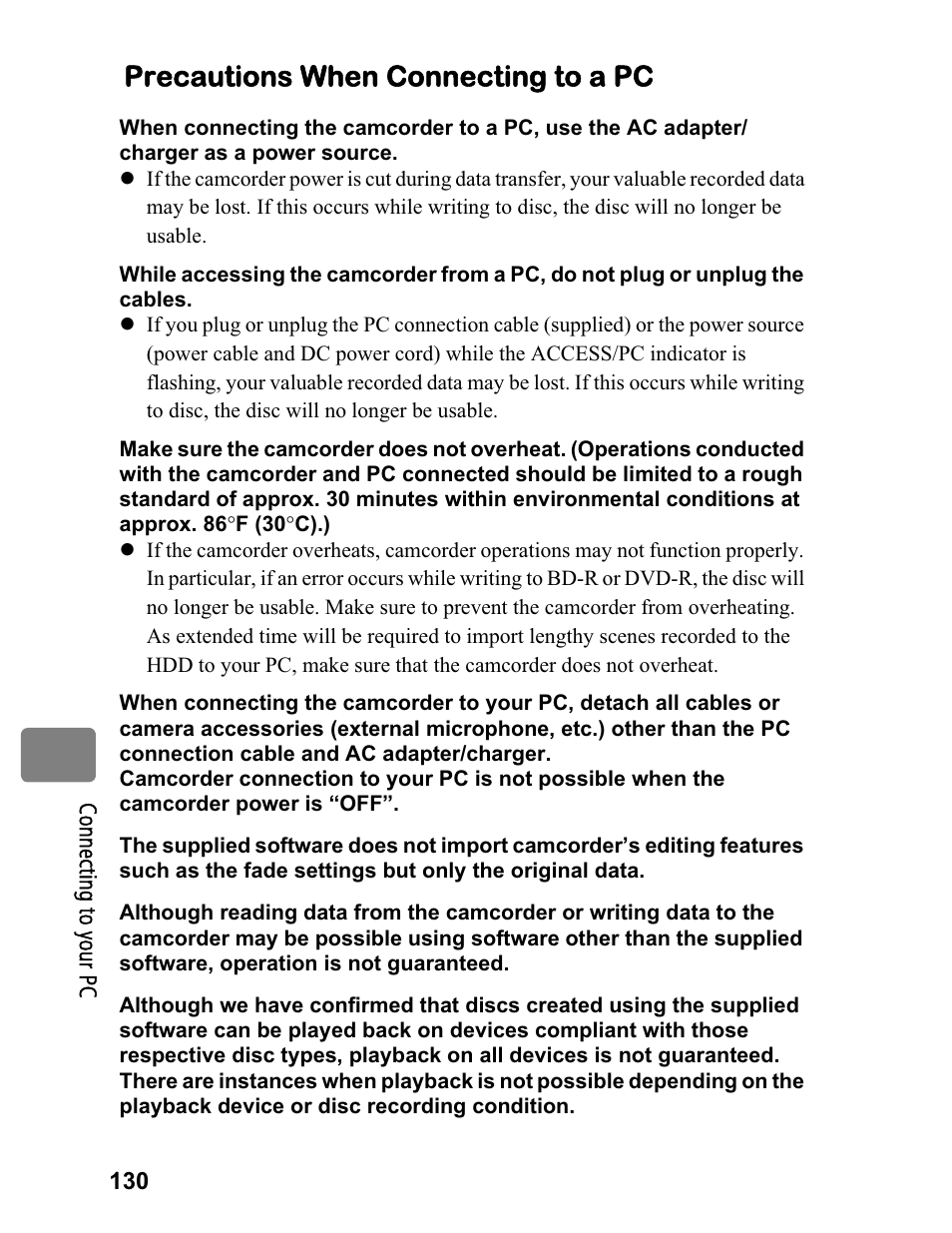 Precautions when connecting to a pc | Hitachi DZ-BD70A User Manual | Page 130 / 183