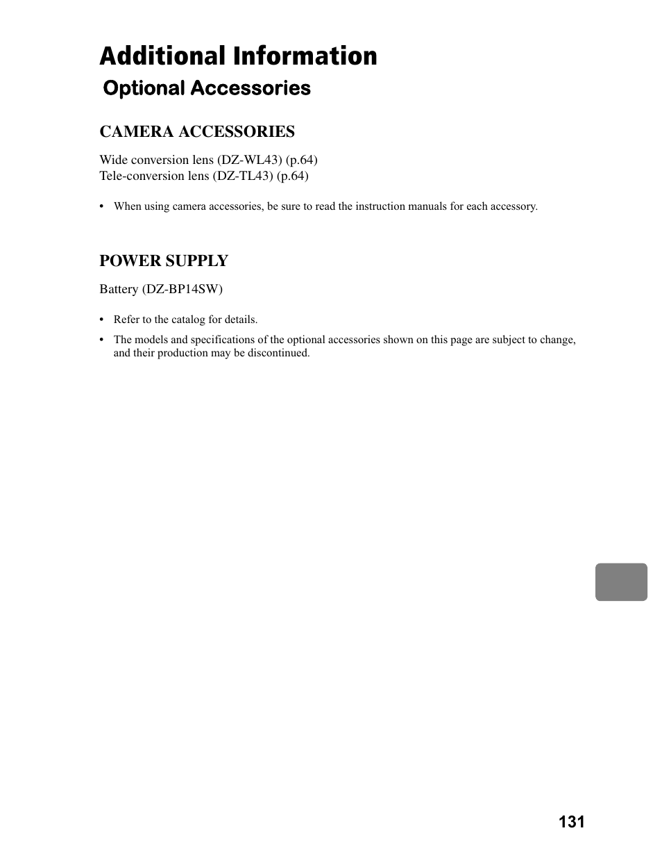 Additional information, Optional accessories | Hitachi DZ-BD70A User Manual | Page 131 / 183