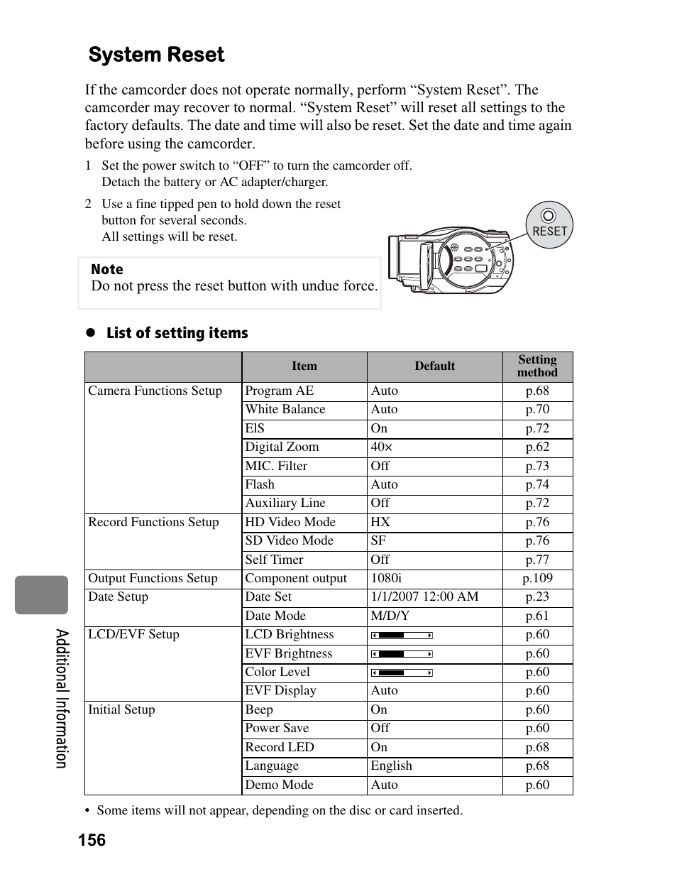 System reset | Hitachi DZ-BD70A User Manual | Page 156 / 183