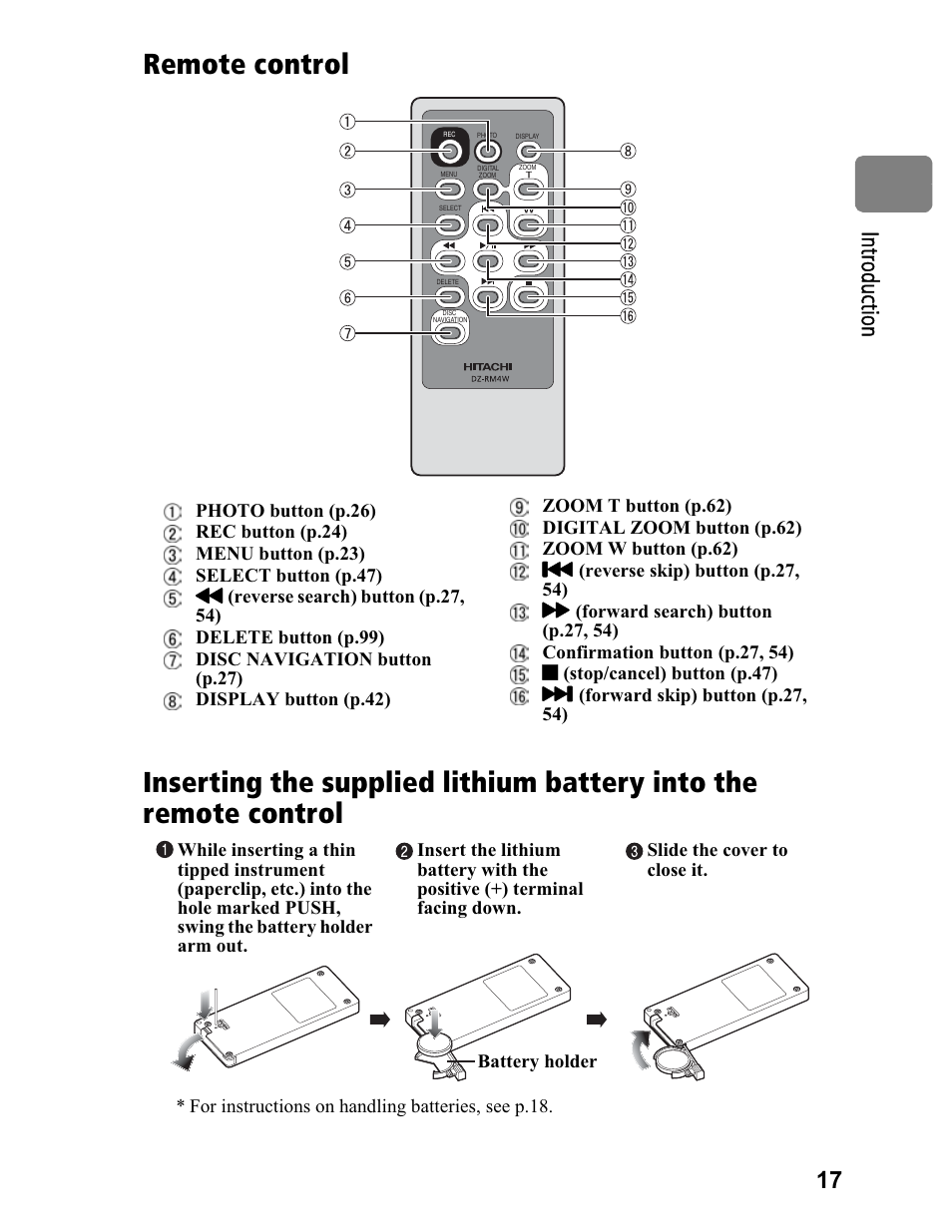 17 in tro du cti on | Hitachi DZ-BD70A User Manual | Page 17 / 183