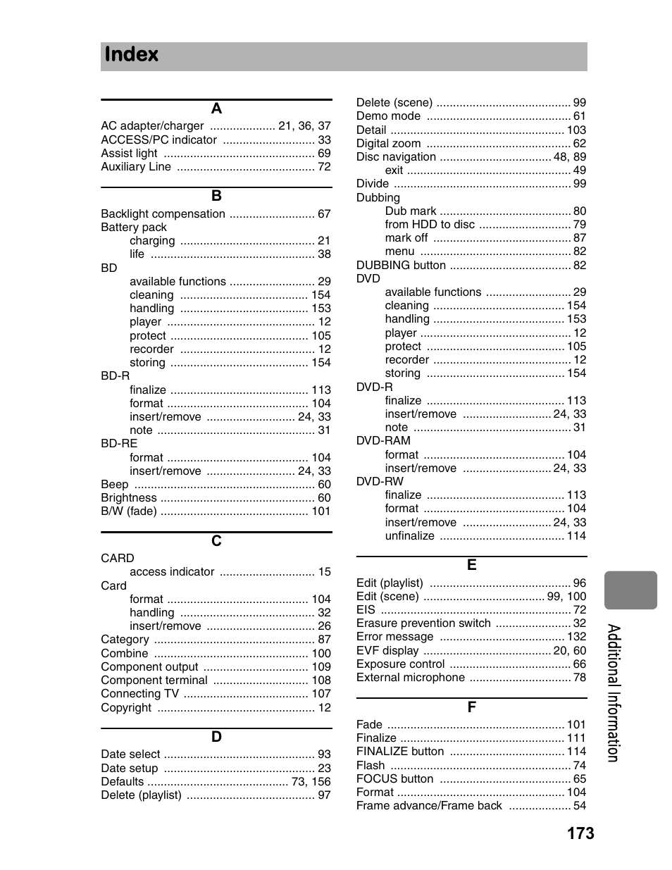 Index, 173 a dd itio na l in fo rm at io n, Additional information | Hitachi DZ-BD70A User Manual | Page 173 / 183