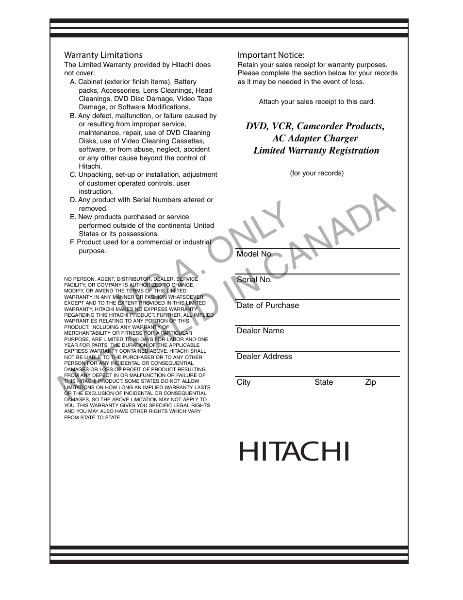 U.s .a. onl y no t v alid in canad a, Hitachi | Hitachi DZ-BD70A User Manual | Page 179 / 183