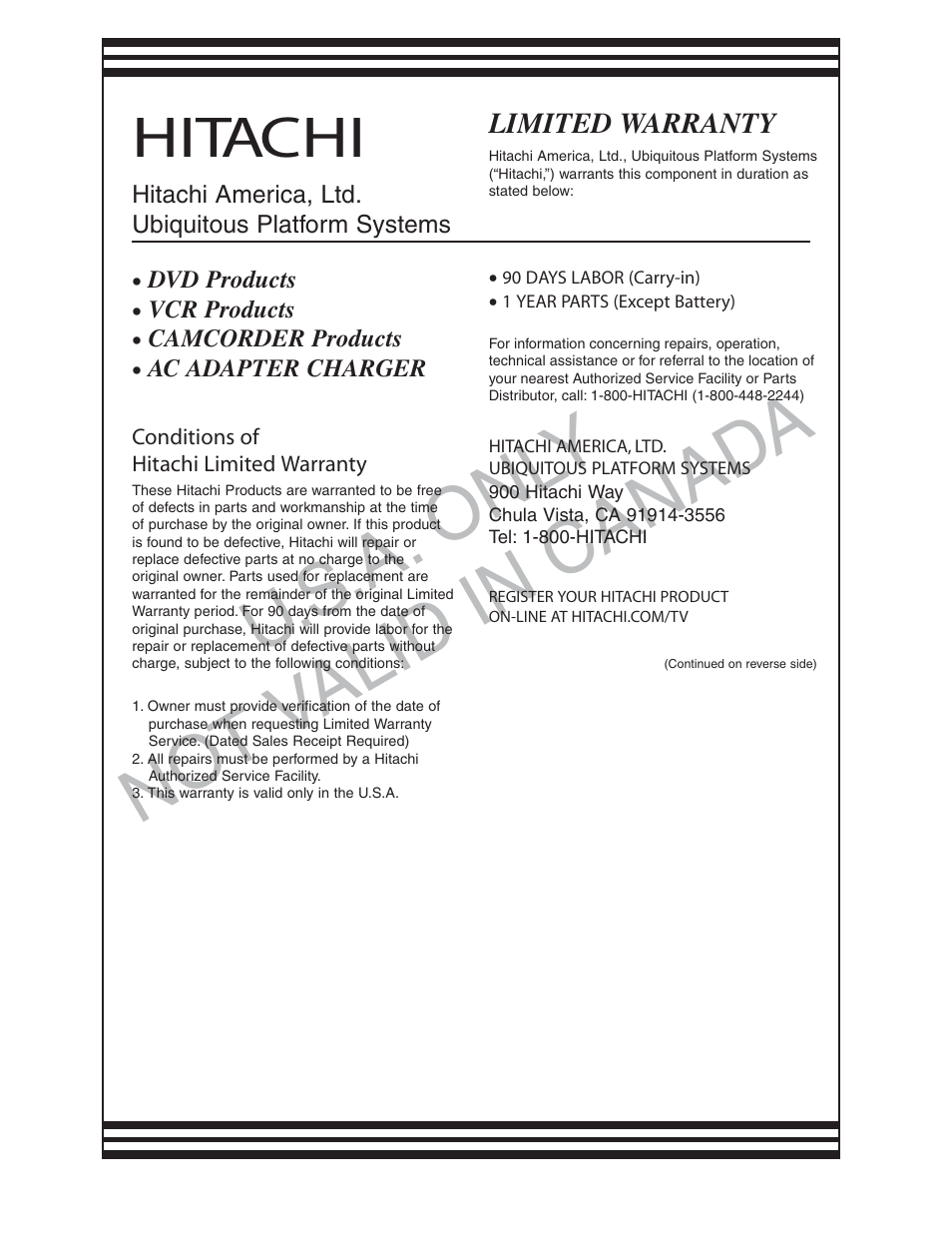 U.s .a. onl y no t v alid in canad a, Hitachi | Hitachi DZ-BD70A User Manual | Page 180 / 183