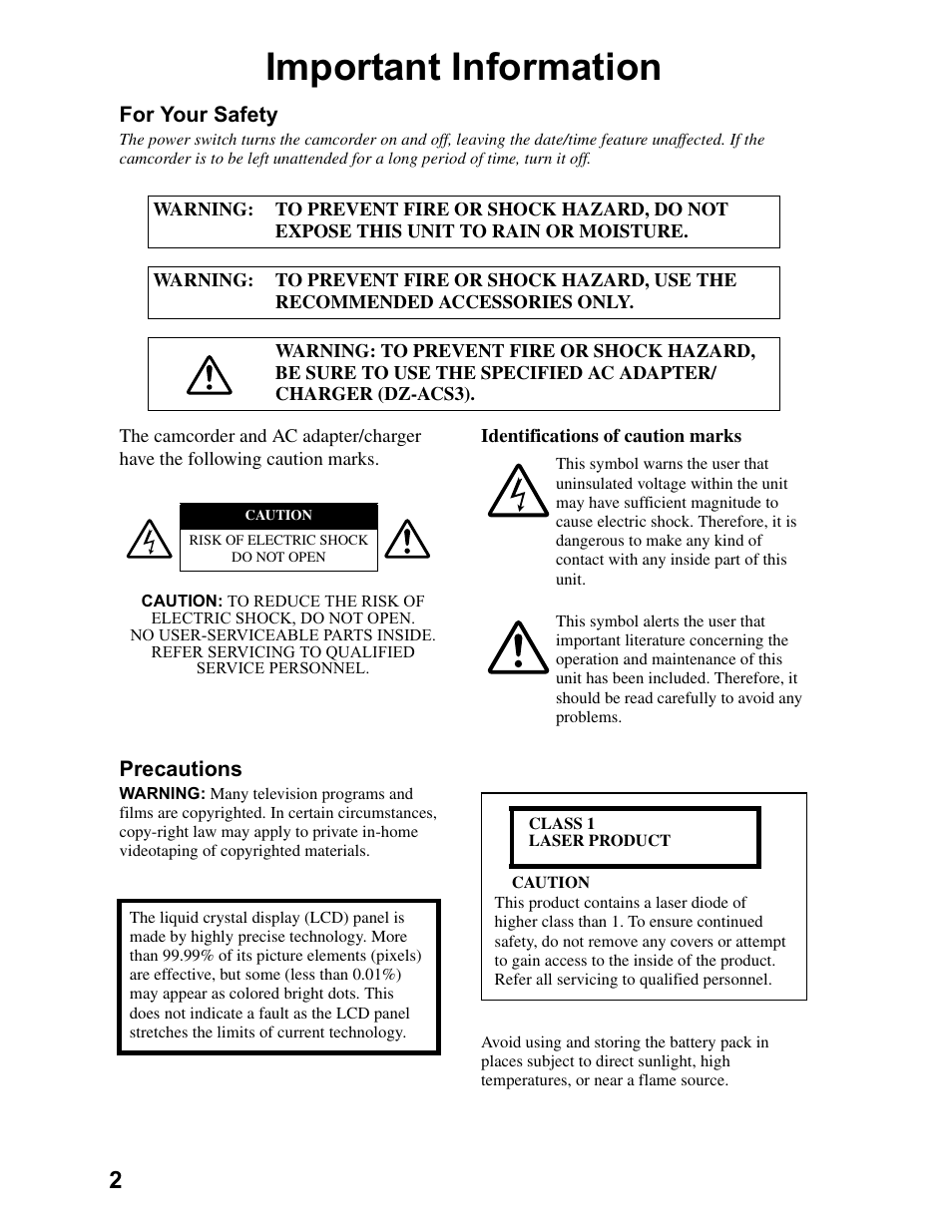 Important information, For your safety, Precautions | Hitachi DZ-BD70A User Manual | Page 2 / 183