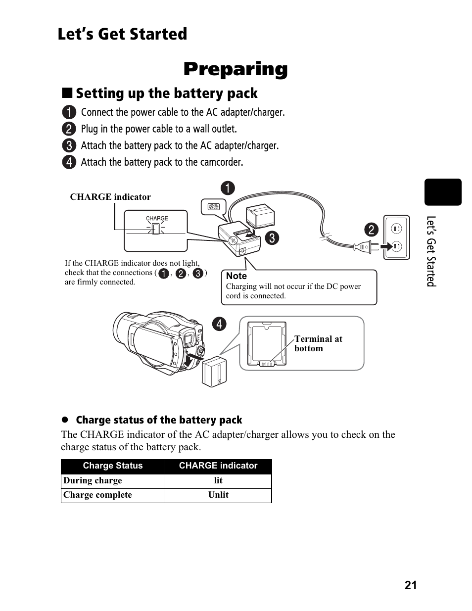 Preparing, Let’s get started, Setting up the battery pack | Hitachi DZ-BD70A User Manual | Page 21 / 183