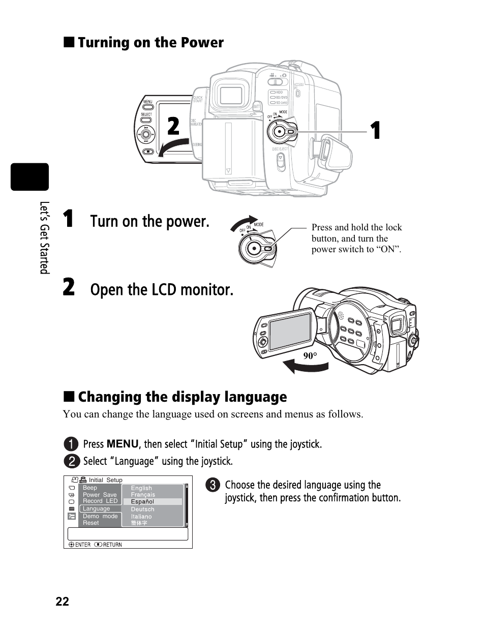 Turn on the power, Open the lcd monitor | Hitachi DZ-BD70A User Manual | Page 22 / 183