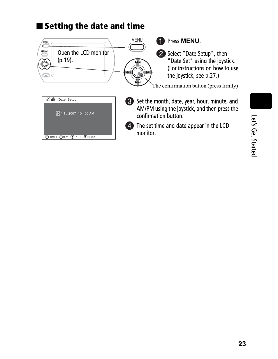 Setting the date and time, 23 le t’s g et s ta rte d | Hitachi DZ-BD70A User Manual | Page 23 / 183