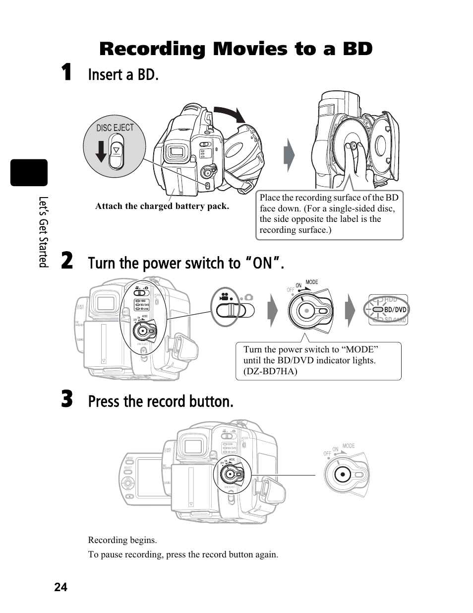 Recording movies to a bd, Insert a bd, Turn the power switch to “on | Press the record button | Hitachi DZ-BD70A User Manual | Page 24 / 183